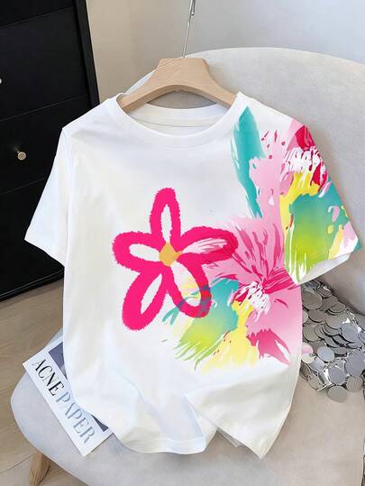 Resyla เสื้อยืดคอกลมผู้หญิงทรงหลวม พิมพ์ลายดอกไม้หลากสีสัน Y2K Dopamine