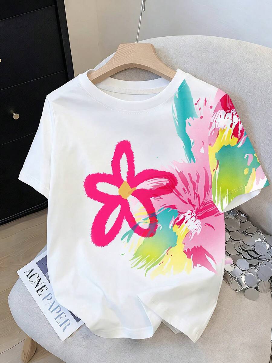 Resyla 色彩缤纷的Y2K多巴胺花卉印花宽松女式圆领T恤 - 白色 - 查看 1