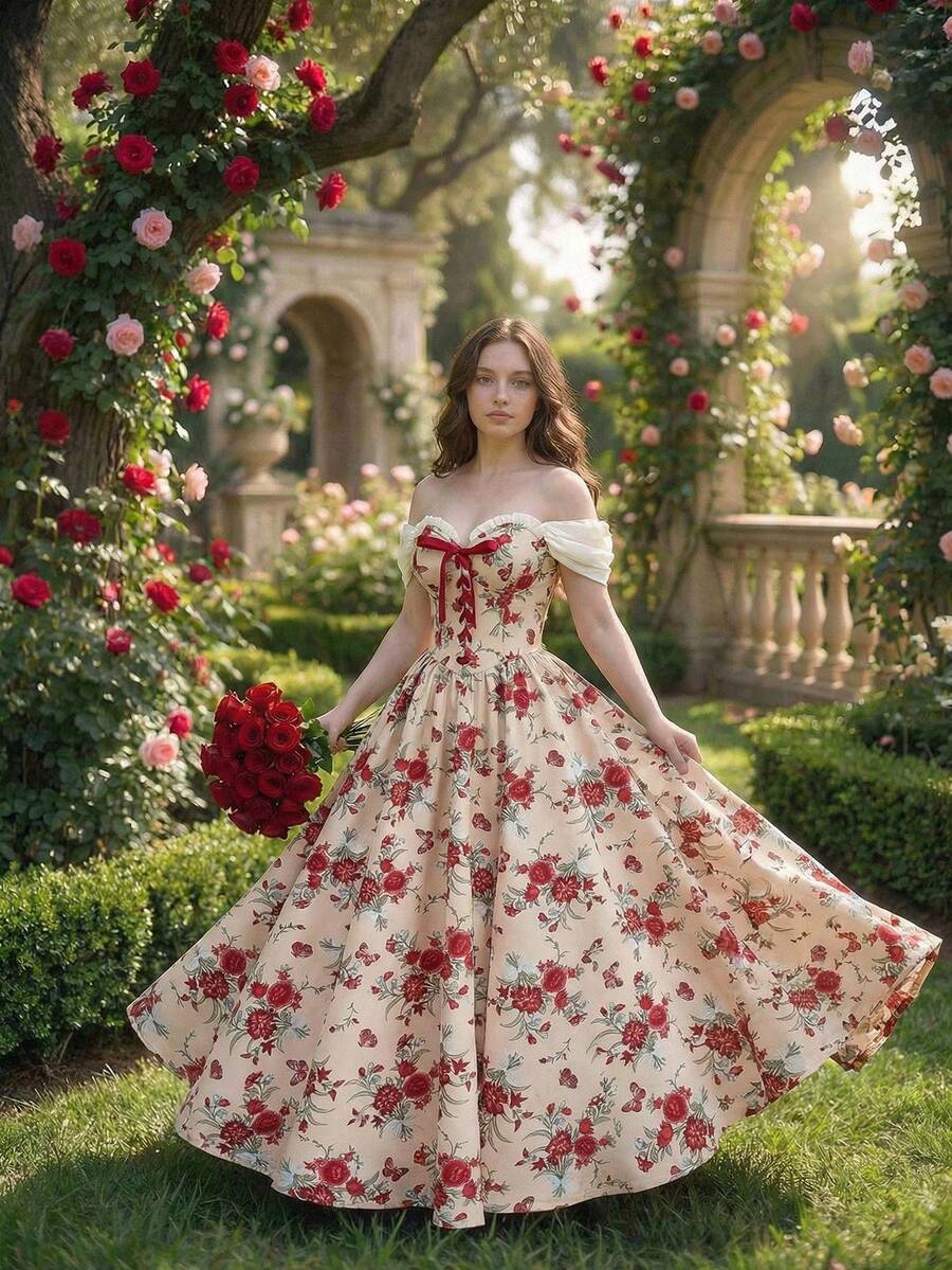 SHEIN MOD 大码女式碎花露肩蝴蝶结荷叶边连衣裙，婚纱，情人节连衣裙，约会连衣裙，春夏连衣裙，度假连衣裙 - 彩色 - 查看 1