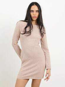 KSTM Soft Knit Long Sleeve Mini Sweater Dress With Scoop Back Neckline Bodycon Fit Fall Winter - Apricot - View 5
