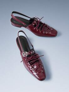 CUCCOO GRLICON 复古时尚金属扣系带低跟闭趾女鞋 - 酒紅色 - 查看 1