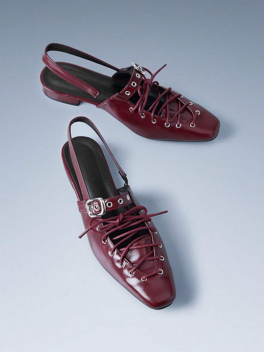 CUCCOO GRLICON 复古时尚金属扣系带低跟闭趾女鞋 - 酒紅色 - 查看 1