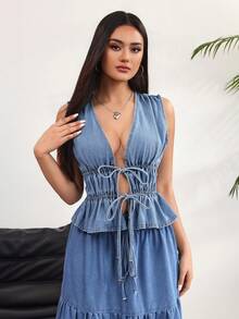 Rivivi 女士深V领褶皱前系带无袖性感牛仔衬衫 - 藍色 - 查看 6