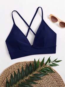 Swim Basics Women's Solid Color Criss-Cross Sexy Bikini Top, Summer Beach - Navy Blue - View 3