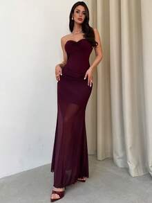 Firerie Women's Elegant Romantic Strapless Ruched Dress With Mesh Overlay, Suitable For Wedding - Red Violet - View 7