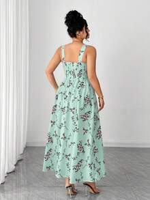 Elenzga 大码女士优雅印花吊带夏季连衣裙，情人节 - 綠色 - 查看 2