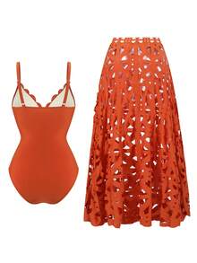 Swim Oasis Summer New Laser Cut-Out Backless Sexy One-Piece Swimsuit Dress Set, High-End Fashion Swimwear - Redwood - View 6