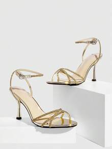 CUCCOO SZL 女士经典简约闪亮水钻细高跟凉鞋交叉绑带设计宴会派对舞蹈性感时尚晚宴通勤女鞋 - 金色 - 查看 4