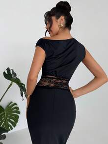 Firerie 女士优雅性感蕾丝拼接不对称领T恤，夏季 - 黑色 - 查看 7