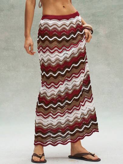 Bohemela Vintage Hollow-Out Colorful Knitted Sweater & Skirt Set For Women