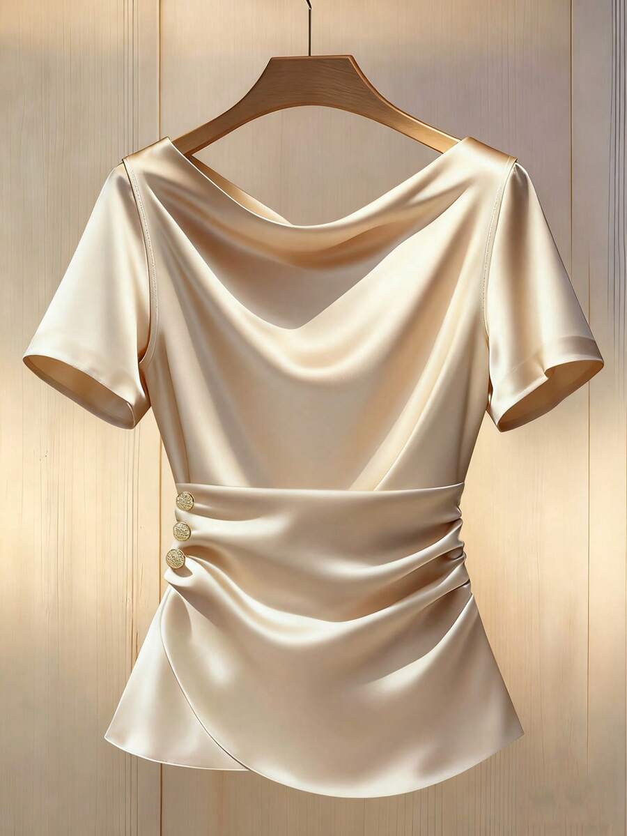 Franclia Women's Elegant Champagne Satin Blouse, Summer Office Commuting Minimalist Draped Collar Pleated Faux Button Decor Asymmetric Hem Formal Tops - Apricot - View 1