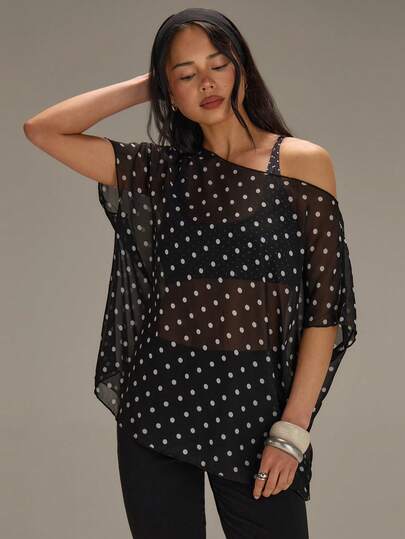 Athîral Women's Casual Off Shoulder Polka Dot Black Blouse, Suitable For Spring And Summer Vacation