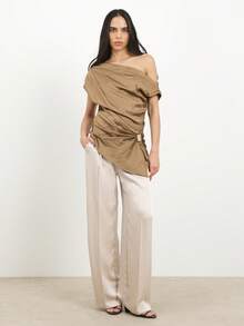 KSTM Women's Off Shoulder Asymmetrical Draped Top With Hardware Detail And Ruched Side Tie Design Elegant Evening Party Blouse - Brown - View 3