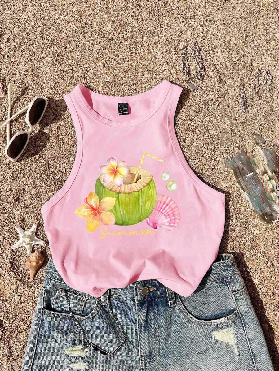 Tseoso Pink Casual Minimalist Round Neck Women Tank Top, Suitable For Summer, Coconut Shell Pattern - Pink - View 1