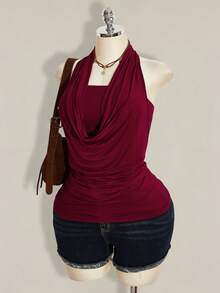 SHEIN ICON Plus Size 2pcs Western Women Going Out Summer Boho Halter Neck Brown Backless Women Tank Tops & Camis - Burgundy - View 6