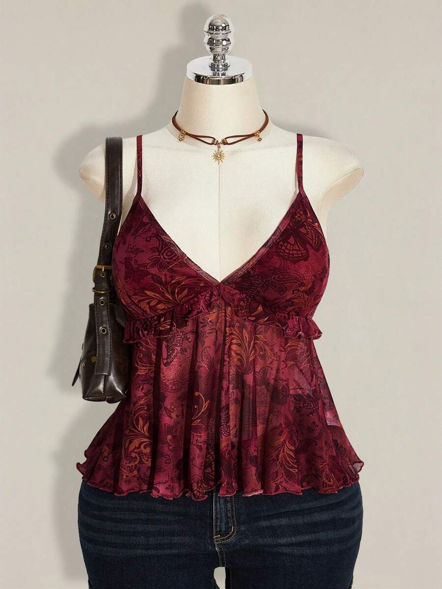SHEIN ICON Plus Size Women Plant Print Ruffle Hem Camisole Tank Top For Holiday,Rave Top - Burgundy - View 1