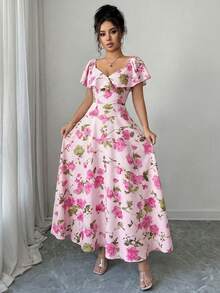 Elenzga Ruffled Waist A-Line Ditsy Floral Elegant French Style Dress - Pink - View 7
