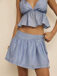 Aralina Rok Mini Wanita Model Lilit Pinggang Rendah Motif Garis-garis dengan Tali Serut yang Dapat Diatur, Warna Biru Muda, Musim Gugur, Boho, Pantai, Liburan, Festival - Biru - View 1