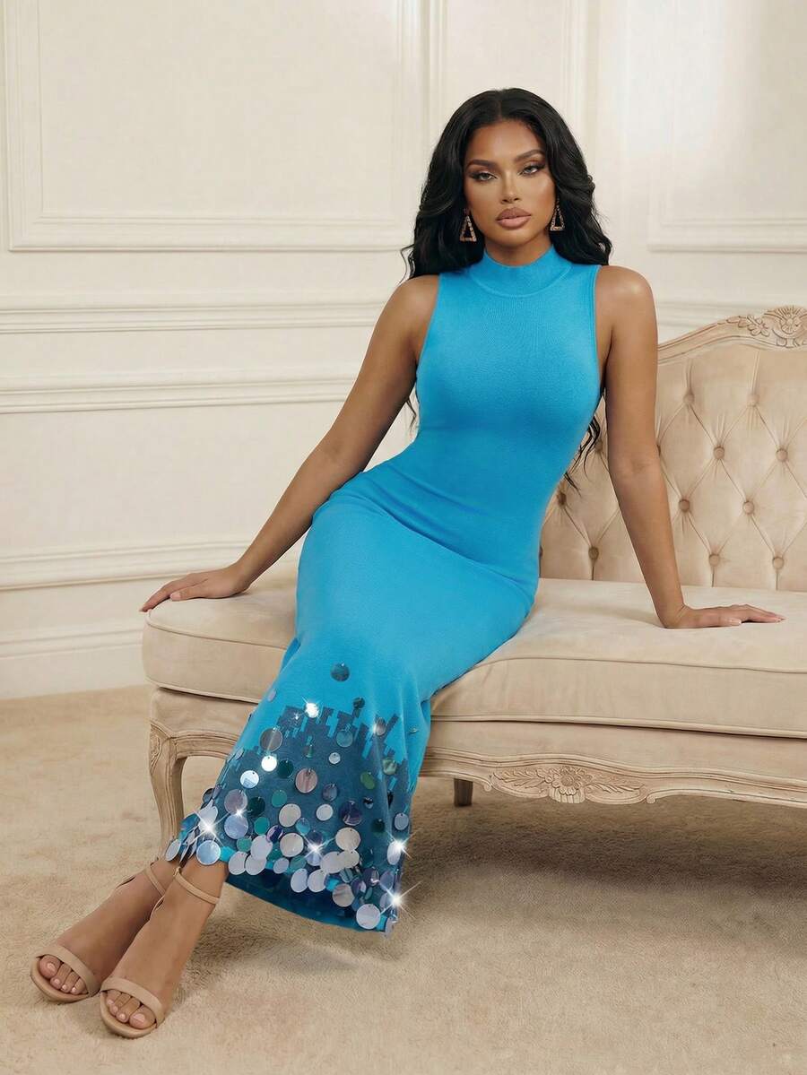 Anewsta 性感修身不对称下摆手工串珠针织连衣裙 - 藍色 - 查看 1