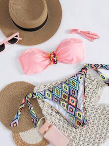 Swim Mod Swim Lushoire Neuankömmling Damen 2-teiliges elegantes Y2K scharfes Boho Pink&Schwarz Bandeau Bikini Set, geometrisches Druckmuster Bademode mit abnehmbarem Träger, geflochtene Knoten Detail vorne & Seitenbindung unten, romantische tropische Strandmode perfekt für Sommer Strandurlaube, Pool Partys & Resort Ausflüge, Musikfestivals, Hochzeitsferien - Verschiedenfarbig - Übersicht 4