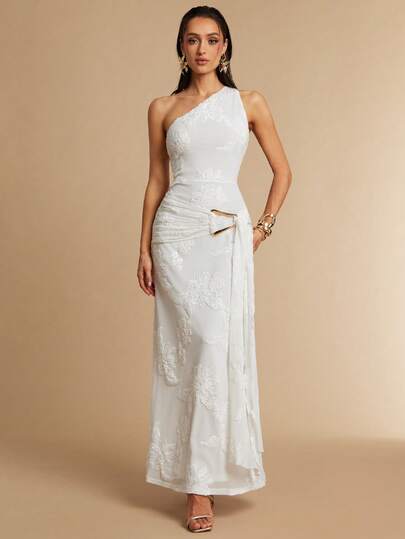 Silquee Women's Elegant Metal Accessory Mesh Dress,A Sexy Women's Dress Perfect For Spring/Summer, Suitable For Beach Vacations, Afternoon Tea, Dates, Casual Wear, And Holidays. This Elegant And Sexy Dress Is Ideal For Beach Vacations, Seaside Trips, And Beach Dates. Sexy Maxi Dress. Elegant Dresses For Women, Summer Dress, Beach Dresses, Wedding Party Dress, Wedding Guest Dress For Women,White Dress, Three-Dimensional Floral Dress,Holiday Outfits