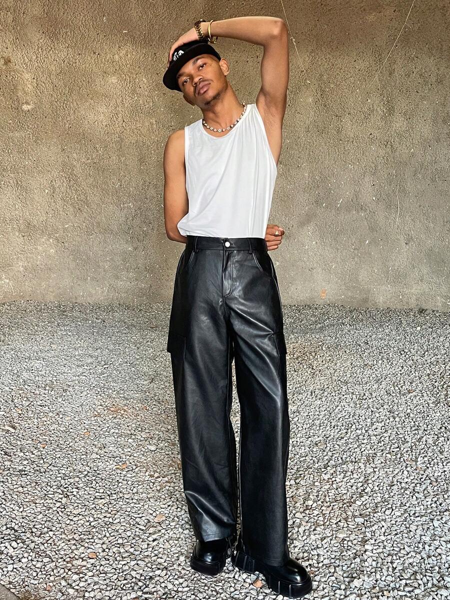 Ngobest Haus Ngobest Haus Men's Black PU Leather Pants, Loose Straight Leg, & Versatile Leather Trousers Men Black Leather Pants Men Wide Leg Pants Men Oversized Pants Black Leather Streetwear Pants Men Baggy Pants,Streetwear,Boyfriend Gifts. Men Baggy Wide Pants Baggy Black Pants Men Oversized Pants Black Baggy Pants Men - Black - View 1