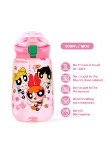 THE POWERPUFF GIRLS X SHEIN 16 Oz / 500 Ml Water Bottle With Silicone Straw And Spill-Proof Lid,Suitable For Travel, Tourism, And School - Baby Pink - View 5