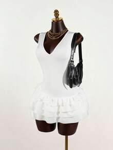 SaltGleam SaltGleam 性感美人鱼白色夏季束腰深V领连衣裙 - 白色 - 查看 1