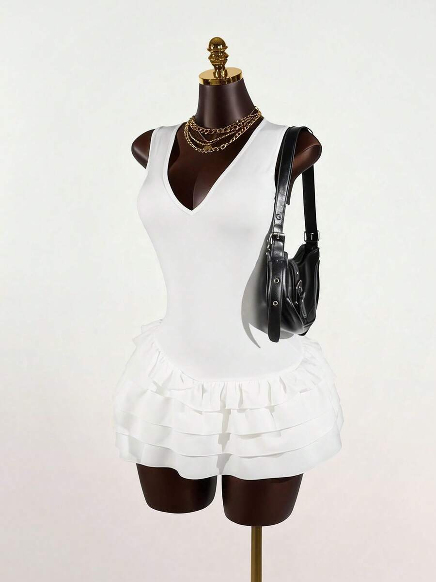 SaltGleam SaltGleam 性感美人鱼白色夏季束腰深V领连衣裙 - 白色 - 查看 1