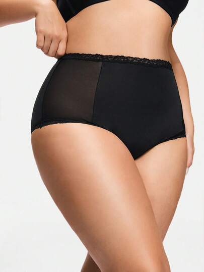 SHAPORA 1pc Sexy & Elegant Plus Size Women Lace Trim Briefs, Mesh Splice, Comfortable Daily Underwear