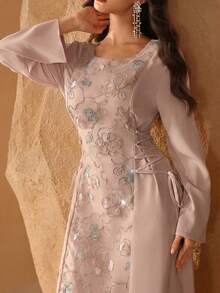 Al Najma Đầm kiểu Ả Rập cổ tròn thanh lịch đính sequin và thêu dành cho phụ nữ - Hồng - Xem 1