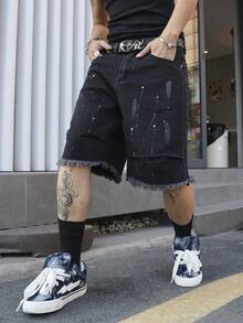 Manfinity EMRG Men's Summer Black Fringe Hem Distressed Loose Denim Shorts - Black - View 7