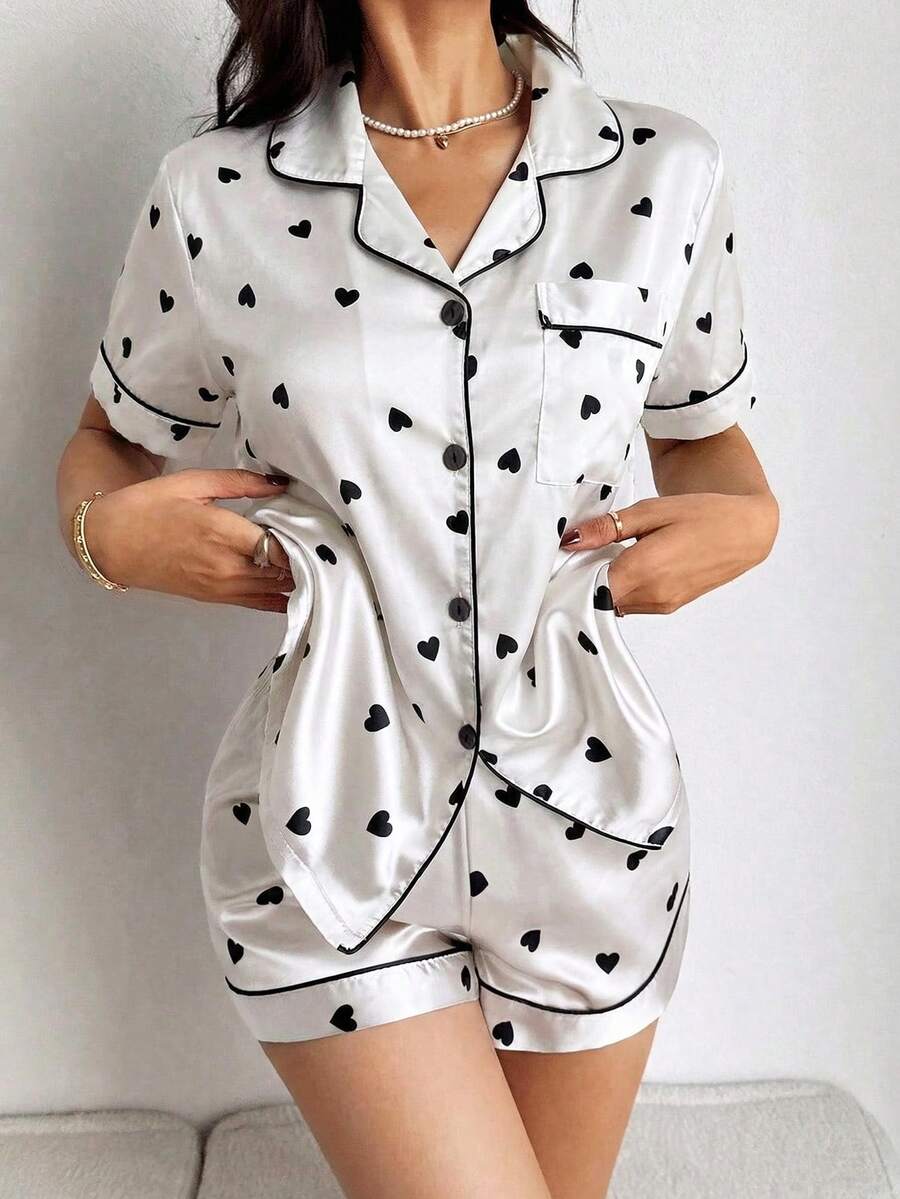 Dream Adore Women's Minimalist Soft Pink & Black Heart Print Short Sleeve Pajama Set With Collar - White - View 1