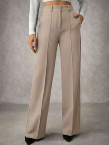 EURMUSE 女式纯色褶皱缝线西装裤 - 米色 - 查看 4