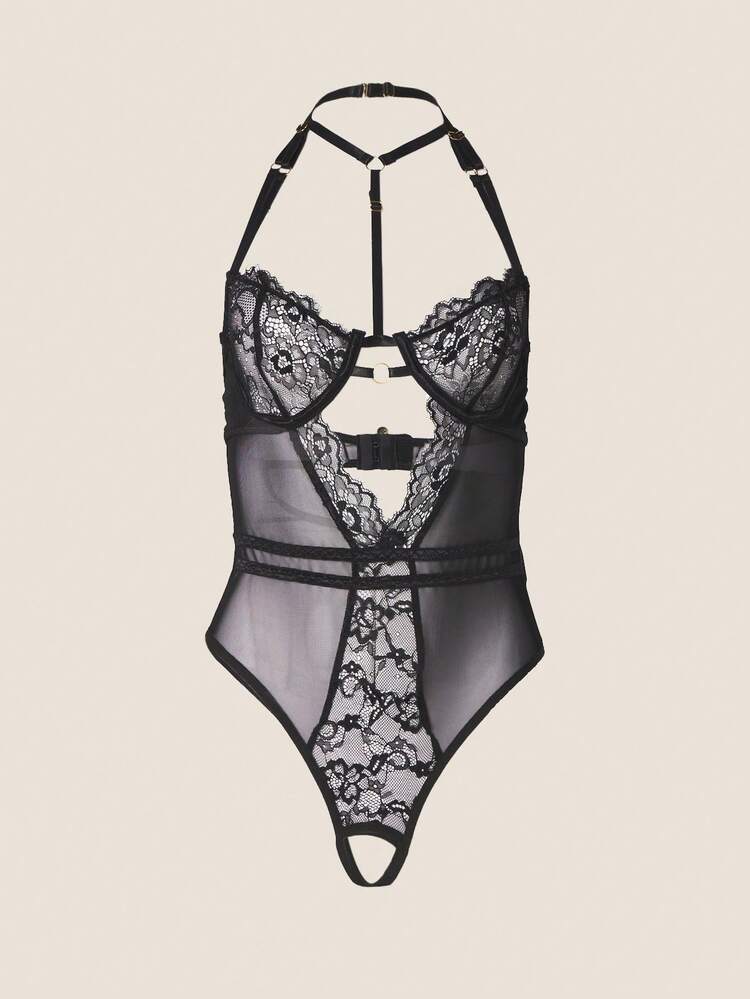 MISSGUIDED Lingerie Inspired Black Lace Mesh Bodysuit With Strappy Harness Details And Underwire Support