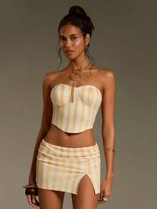 Athîral Women's Casual Vacation Strapless Sleeveless Yellow Striped Knit Mini Skirt 2 Pieces Set - Yellow - View 6