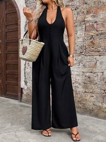 EMERY ROSE Plus Size Women's Black Summer Jumpsuit,V-Neck Button Sleeveless Halter One Piece,High Waist Wide Leg Pants,Elegant Holiday Vacation Rompers Set - Black - View 4