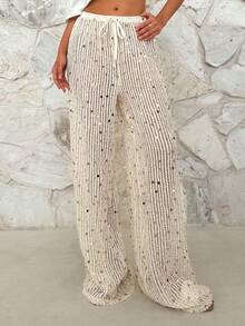 Firerie Women's Elegant Casual Beach Vacation Music Festival Party Low Waist Drawstring Knit Sheer Wide-Leg Pants, Spring/Summer - Beige - View 1