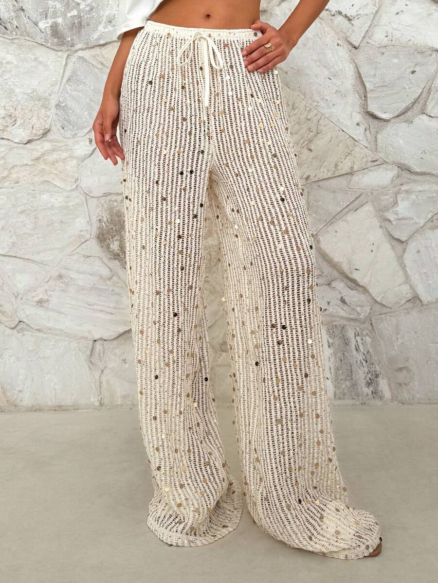 Firerie Women's Elegant Casual Beach Vacation Music Festival Party Low Waist Drawstring Knit Sheer Wide-Leg Pants, Spring/Summer - Beige - View 1