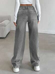 EURMUSE 100%Cotton Women's Low Waist Wide Leg Jeans With Pockets - Grey - View 2