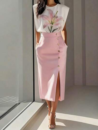 Ellegaria. Conjunto de 2 piezas de mujer con estampado floral, blusa de cuello redondo sin mangas y falda con abertura lateral y botón en la cintura, conjunto de verano casual y elegante