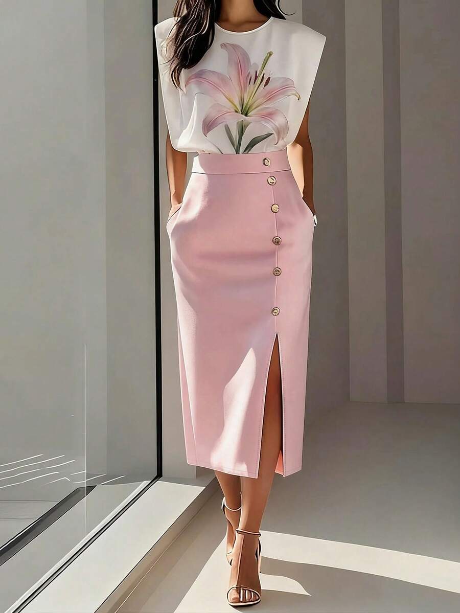 Rafferiza 女士标准尺码印花两件套，圆领无袖T恤上衣搭配侧开衩腰部纽扣半身裙，休闲优雅夏季套装 - 粉色 - 查看 1