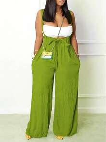 Plus Size Women's Solid Grass Green Front Tie Pockets Wide Leg Jumpsuit - Green - View 1