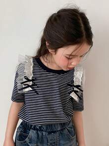 Dazy Kids Young Girl Casual Striped Round Neck Short Sleeve T-Shirt, Summer - Navy Blue - View 3