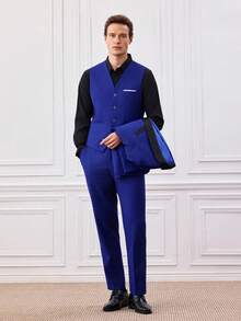 Officeau 男士修身正装三件套，高品质商务/社交/婚礼礼服套装，包含外套、裤子和马甲 - 寶藍色 - 查看 8
