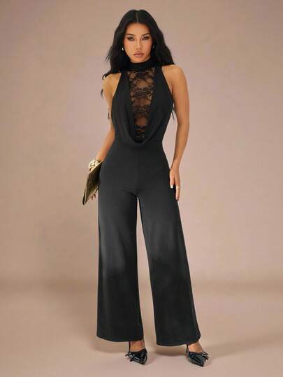 SHEIN PETITE Women's Solid Color Lace Patchwork Sleeveless Jumpsuit,Black Lace-Trimmed Jumpsuit, Suitable For Parties, Formal Occasions, Cocktail Parties, Holiday Events, Christmas Outfits, And New Year's Outfits. Sexy Jumpsuits Lace Jumpsuit For Women