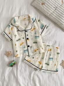 Bộ 2 món đồ ngủ tay ngắn in hình xe hoạt hình cho bé trai sơ sinh/trẻ nhỏ, 100% cotton. - Màu be - Xem 1