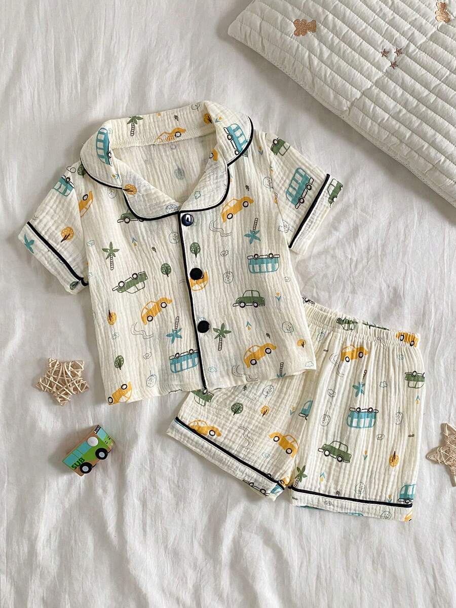 Bộ 2 món đồ ngủ tay ngắn in hình xe hoạt hình cho bé trai sơ sinh/trẻ nhỏ, 100% cotton. - Màu be - Xem 1