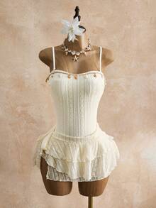 Bellisia Women's Solid Color Lace Backless One-Piece Swimsuit Cover-Up & Skirt Set For Beach Vacation White Corset Dress Bustier Dress Babydoll Tops Woman White Corset Tops Vintage Bathing Suit Corset White Dress Cream Outfit Women White Corset Tops For Women Corset Outfit Summer Dress Corset Corset Set With Skirt Wedding Guest Dress Corset - Apricot - View 1