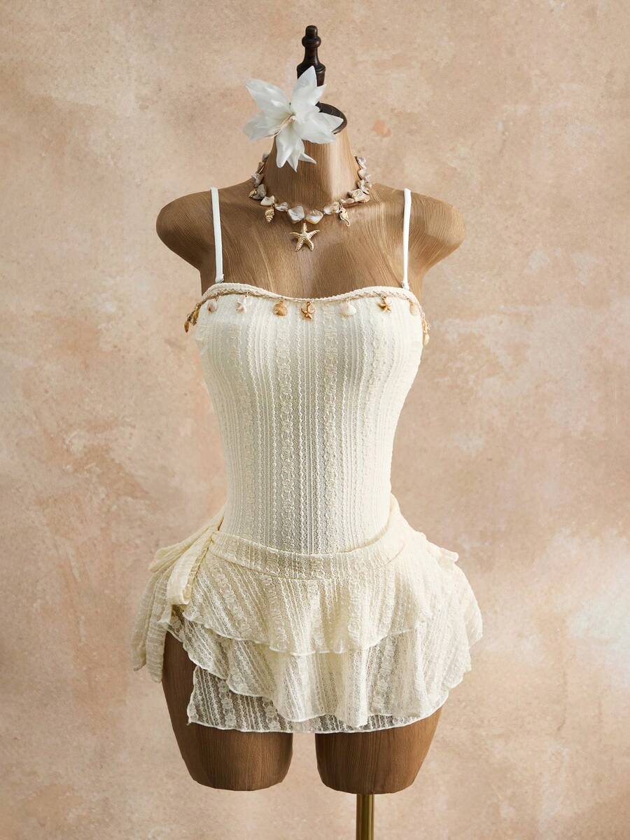 Bellisia Women's Solid Color Lace Backless One-Piece Swimsuit Cover-Up & Skirt Set For Beach Vacation White Corset Dress Bustier Dress Babydoll Tops Woman White Corset Tops Vintage Bathing Suit Corset White Dress Cream Outfit Women White Corset Tops For Women Corset Outfit Summer Dress Corset Corset Set With Skirt Wedding Guest Dress Corset - Apricot - View 1